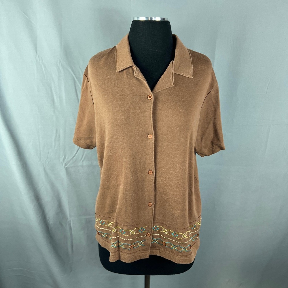 Ladies Club Shirt Womens 2X Brown Embroidered Short Sleeve Camp Collar Button Up